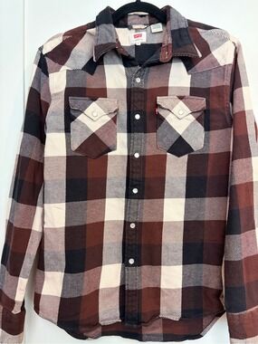 Levi’s Brown Black Plaid Snap Front Flannel Shirt Men’s Medium